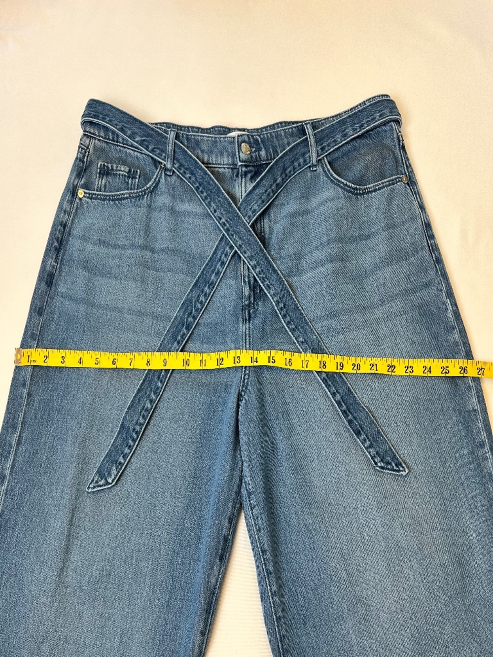 *FIRM PRICE* LOFT Palazzo Drape Denim Wide Leg Jeans with a Belted Waist - Picture 6 of 12